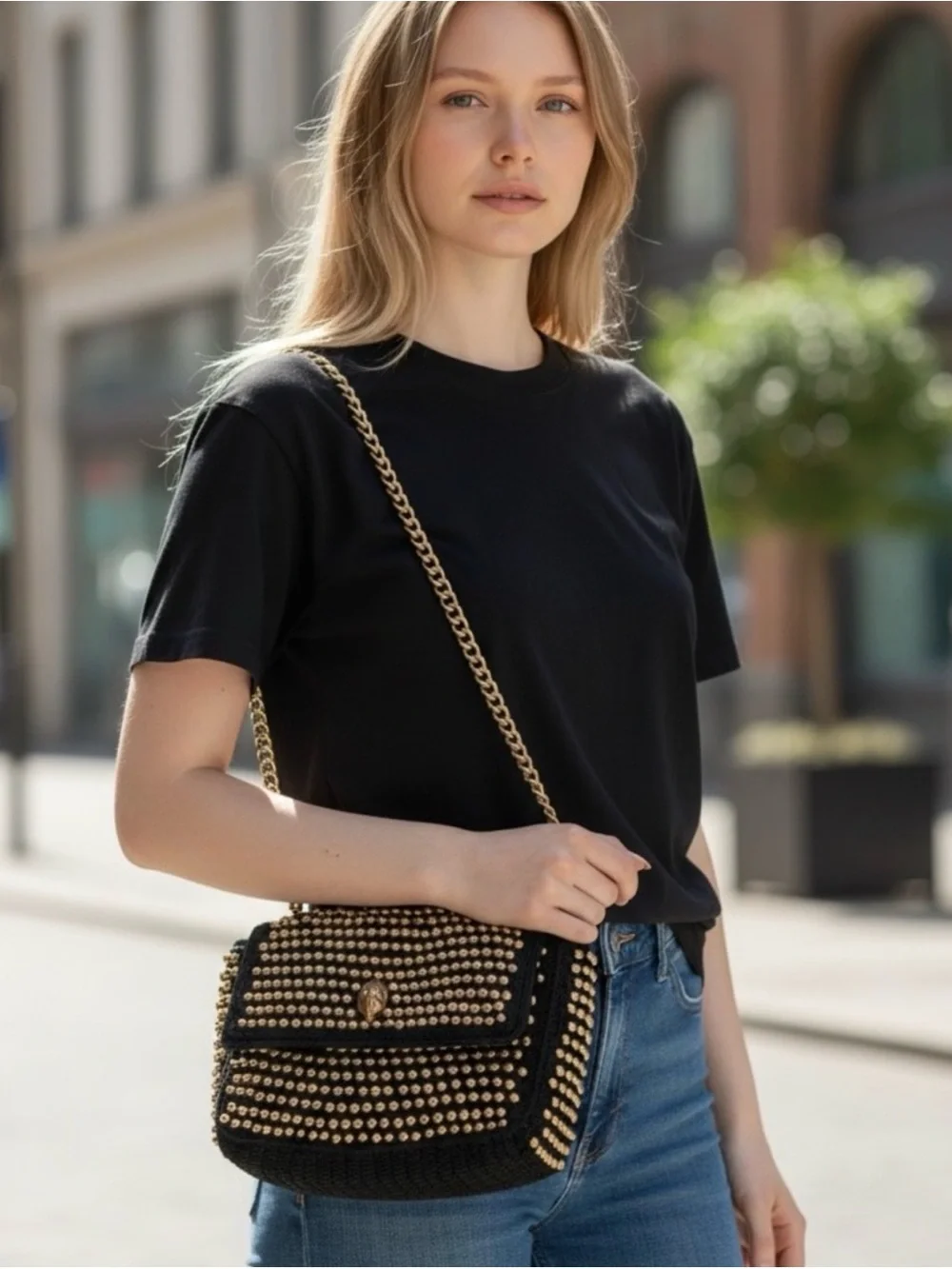Kurt Geiger London Kensington Shoulder Bag - crochet/woven w/gold tone beads